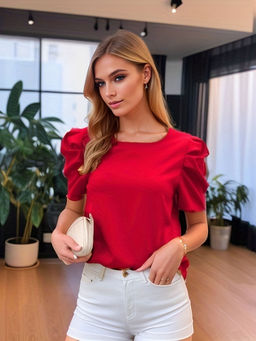 Outzidr - Red Half Sleeves With Puff Details Vacay Top