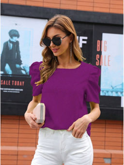 Outzidr - Purple Half Sleeves With Puff Details Vacay Top