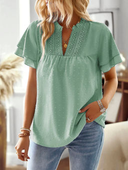 Outzidr - Green Vacay Top With Ruffle Sleeve