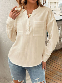 Outzidr - Cream Front Buttoned Full Sleeve Vacay Top