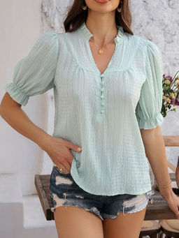 Outzidr - Green Peasant Vacay Top With Button Detail