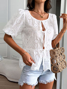 Outzidr - White Schiffli Front Tie Up Vacay Top