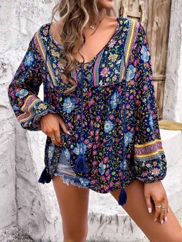 Outzidr - Navy Blue Printed Tie Up Closure Blouse
