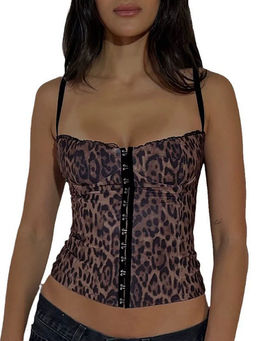 Outzidr - Brown Strappy Fitted Front Open Cropped Party Top