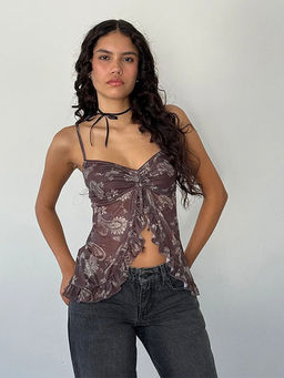 Outzidr - Khaki Printed Mesh Party Top