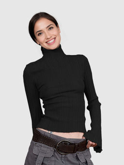 Outzidr - Black Bell Sleeve Rib Party Top