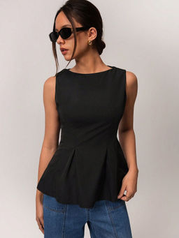 Outzidr - Black Cotton Sleeveless Inverted Pleat Peplum Party Top