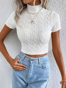 Outzidr - White Jacquard Knit Street Style Top