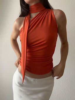 Outzidr - Orange Neck Tie Up One Shoulder Street Style Top