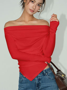 Outzidr - Red Off Shoulder Slant Hem Fitted Party Top