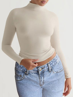 Outzidr - Cream Cropped Fitted Full Sleeve Street Wear T-Shirt