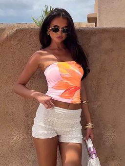 Outzidr - Pink Tube Printed Floral Vacay Top