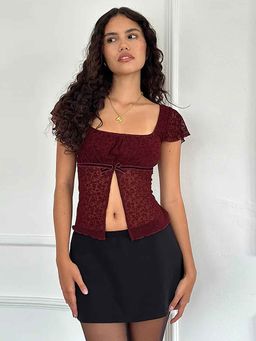 Outzidr - Red Lace Flutter Sleeves Party Top