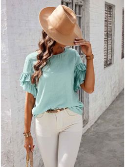 Outzidr - Blue Ruffle Sleeve Knit Vacay Top