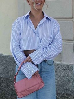 Outzidr - Blue Cropped Double Pocket Street Style Shirt
