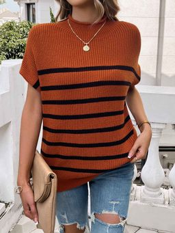 Outzidr - Brown High Neck Striped Street Style Top