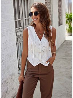 Outzidr - White Schiffli Vest Vacay Top