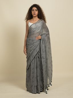 Suta - Grey Cat Block Printed Mul Cotton Saree