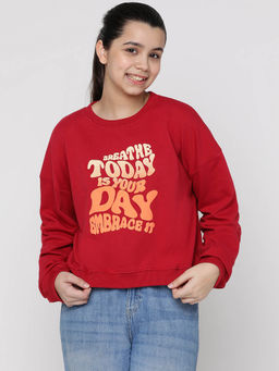 Lil Tomatoes - Girls Typography Light Weight Cotton Looper Sweatshirt-Red