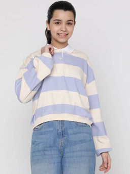 Lil Tomatoes - Girls Stripes Light Weight Cotton Looper Sweatshirt-Blue