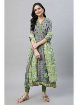 Aurelia - Grey Printed A-line Kurta with Tights and Dupatta (Set of 3)