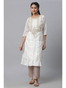 Aurelia - White Embroidered Kota Kurta with Tiered Inner (Set of 2)