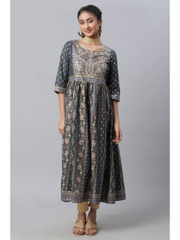 Aurelia - Grey Foil Printed Flared Kurta with Tights and Dupatta (Set of 3)