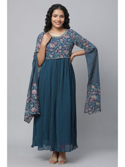 Aurelia - Teal Floral Printed Fairy Kurta with Tight (Set of 2)