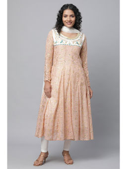 Aurelia - Peach Floral Foil Printed Festive Anarkali Kurta, Leggings And Dupatta Set