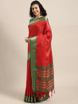 Vastranand - Red & Golden Checked Zari Pure Silk Gadwal Saree with Unstitched Blouse