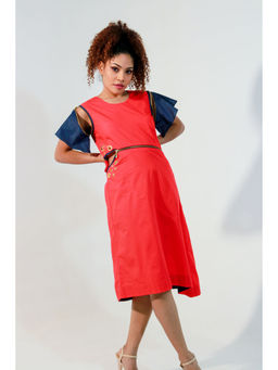 Echke - Coral Sleeveless Dress with Waist Zipper and Cut Out Feature