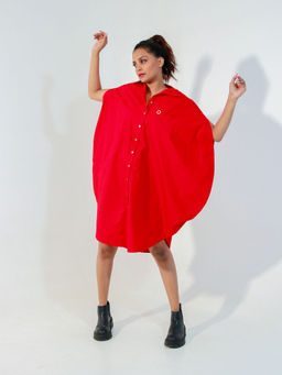 Echke - Red Round Dress with One Pocket and Golden Eyelet