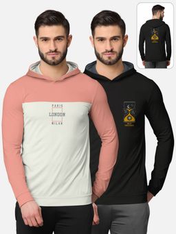 BULLMER - Printed Full Sleeve Hooded T-shirt For Men Multi-color (Pack of 2)