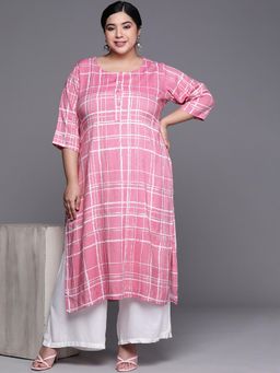 Extra love by Libas - Women Pink Checks Printed Straight Kurta