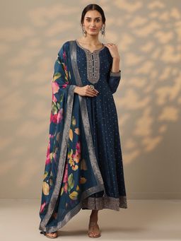Libas - Women Teal Embellished Fit and Flare Gown with Dupatta