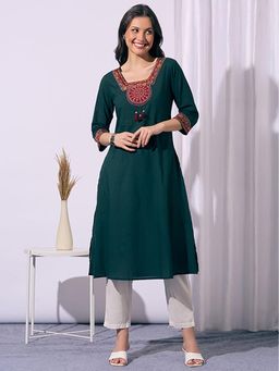 FASHOR - Women Green Printed Embroidered Kurta
