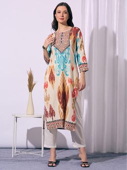 FASHOR - Women Off White Ikat Printed Kurta