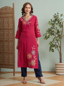 FASHOR - Women Threadwork Embroidered Straight Fit Kurta