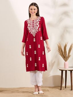 FASHOR - Women Red Floral Embroidered Straight Fit Kurta