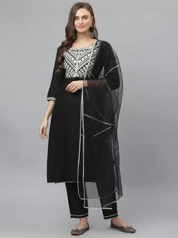 Stylum - Womens Embroidered Rayon Straight Kurta Pant Dupatta Black (Set of 3)