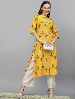 Stylum - Womens Floral Printed A-Line Kurta Mustard
