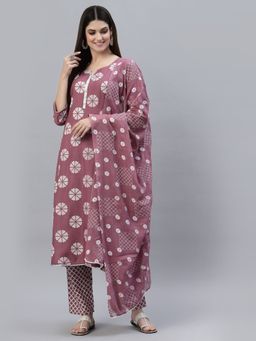 Stylum - Womens Printed Cotton Straight Kurta Pant Dupatta Purple (Set of 3)