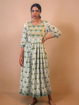 Aravalii - Blue Printed Green Peafowl Inspired Anarkali Kurta