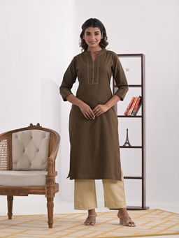 Aravalii - Mocha Solid Cotton Kurta