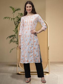 Seva Chikan - Peach Embroidered Cotton Chikankari Kurta