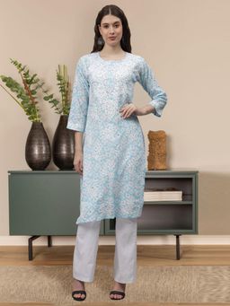 Seva Chikan - Blue Floral Blended Fabric Chikankari Kurta