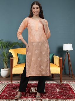 Seva Chikan - Peach Embroidered Cotton Chikankari Kurta