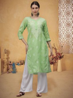 Seva Chikan - Green Embroidered Cotton Chikankari Kurta
