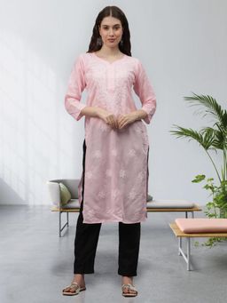 Seva Chikan - Pink Embroidered Cotton Chikankari Kurta