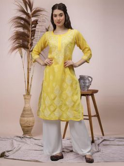 Seva Chikan - Yellow Embroidered Cotton Chikankari Kurta